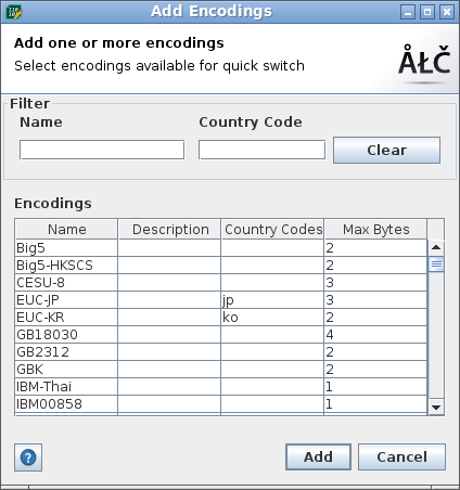 Add Encodings Dialog Add Encodings Dialog