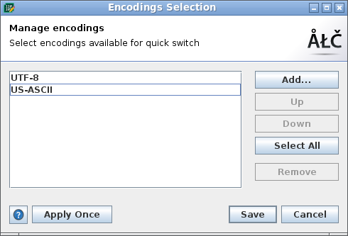 Manage Encodings Dialog Manage Encodings Dialog